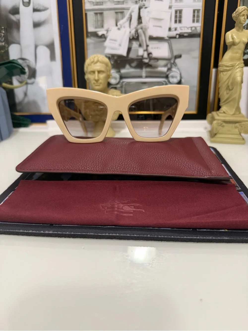 Excellent condition. Etro Cream Cat-Eye Sunglasses with Brown Lenses